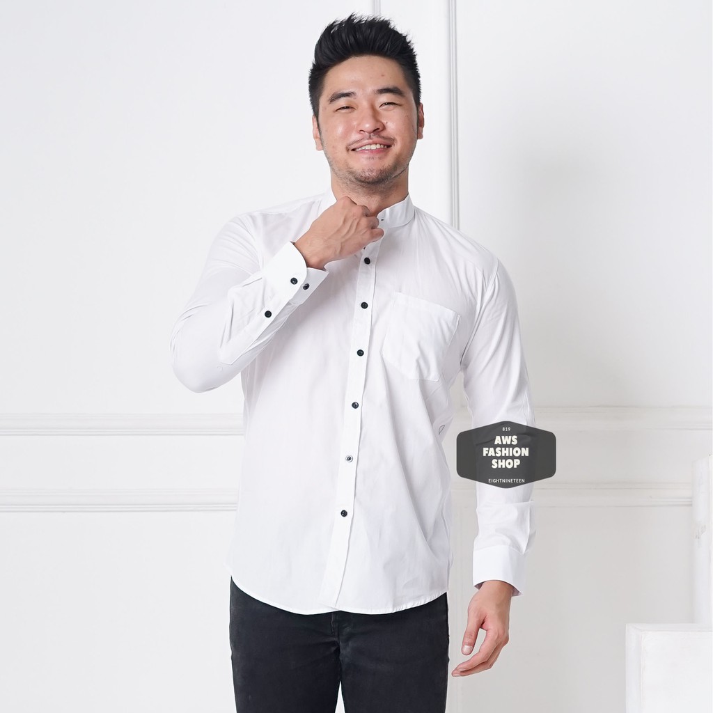 Kemeja Polos Pria Lengan Panjang Kerah Shanghai Kancing 1 Putih Banyak Warna Casual Slimfit 3340