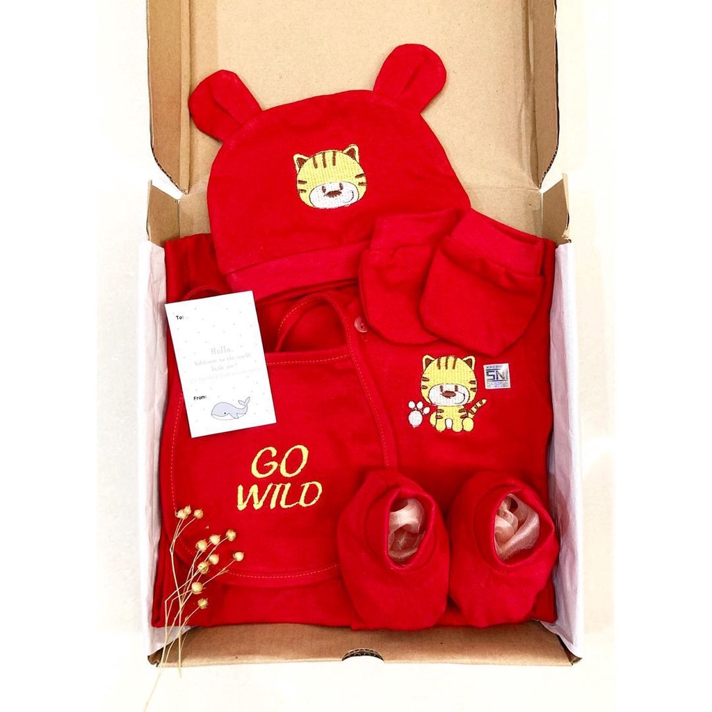 BEAR / TIGER SET HAMPERS BAJU MERAH / FULL SET LEO giftset lahiran kado bayi 1 bulan baju one month jumper bayi baju anak laki  cewe