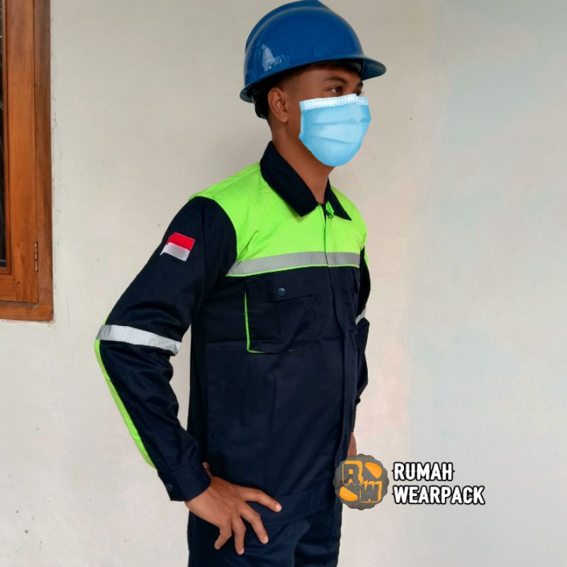 Baju Kerja/ Wearpack Proyek/ Seragam Kerja Atasan Warna Navy Kombinasi Hijau Pupus