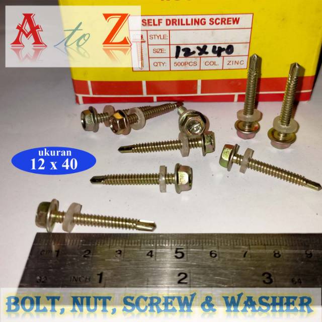 Baut driling 12 x 40 mm (100pcs)/baja ringan/atap/taso/seng/sds/roofing/sekrup driling 12 x 40mm