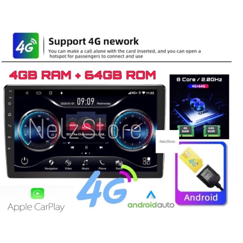 Headunit Android 10 Inch 4/64GB 8 Core DSP 36EQ + CarPlay + 4G Simcard