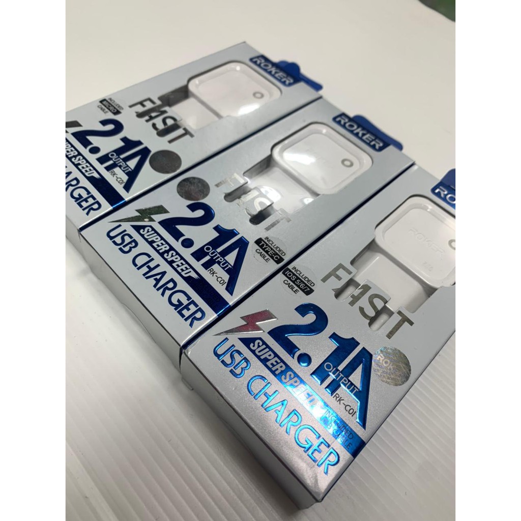Charger ROKER 2.1A RK-C01 with kabel lightning / charger ROKER 2.1A for iphone / TYPE-C &amp; MICRO-USB