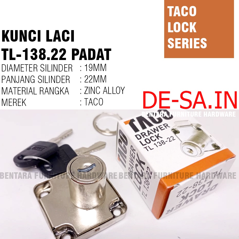 Taco TL-138 / 22 MM Kunci Laci Padat Kunci Taco Lock TL-138.22 Drawer LocK