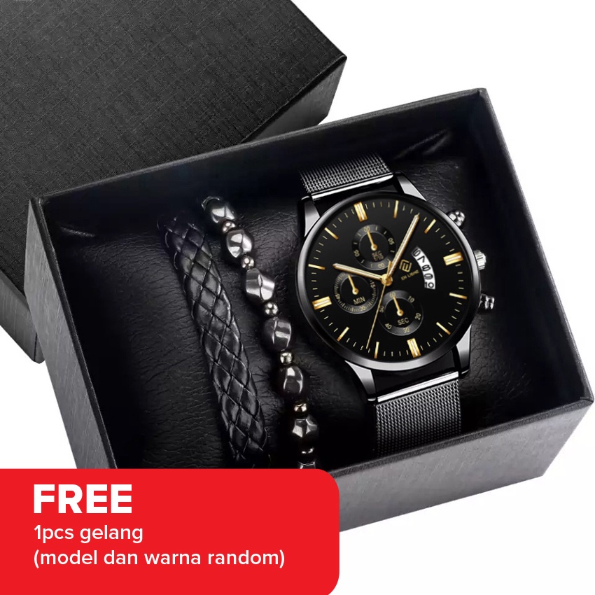 Jam Tangan Pria Gelang Set - Jam Tangan Kado - Jam Tangan Pria Kasual - Jam Tangan Pria Anti Air EL9090-1