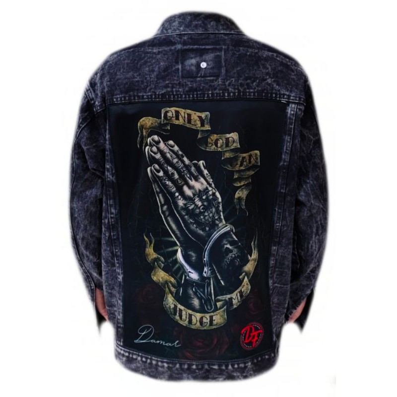 jaket jeans sandwash hitam pria gambar belakang metal skull original DF premium