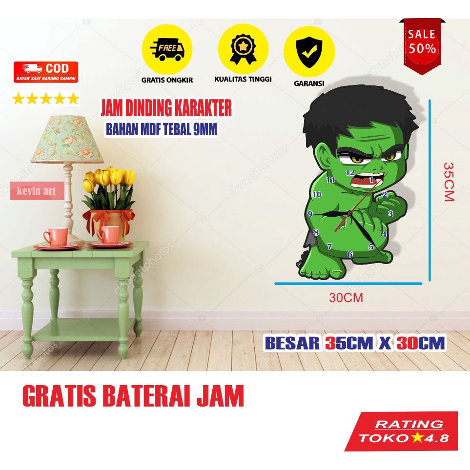 JAM DINDING KAYU UNIK KARAKTER ANAK GAMBAR ANIMASI HULK KEREN LUCU ARTISTIK MURAH TERBARU