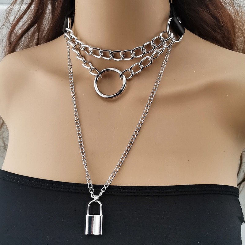 CH-14 kalung choker wanita rantai silver pu leather gothic punk korea jepang kpop