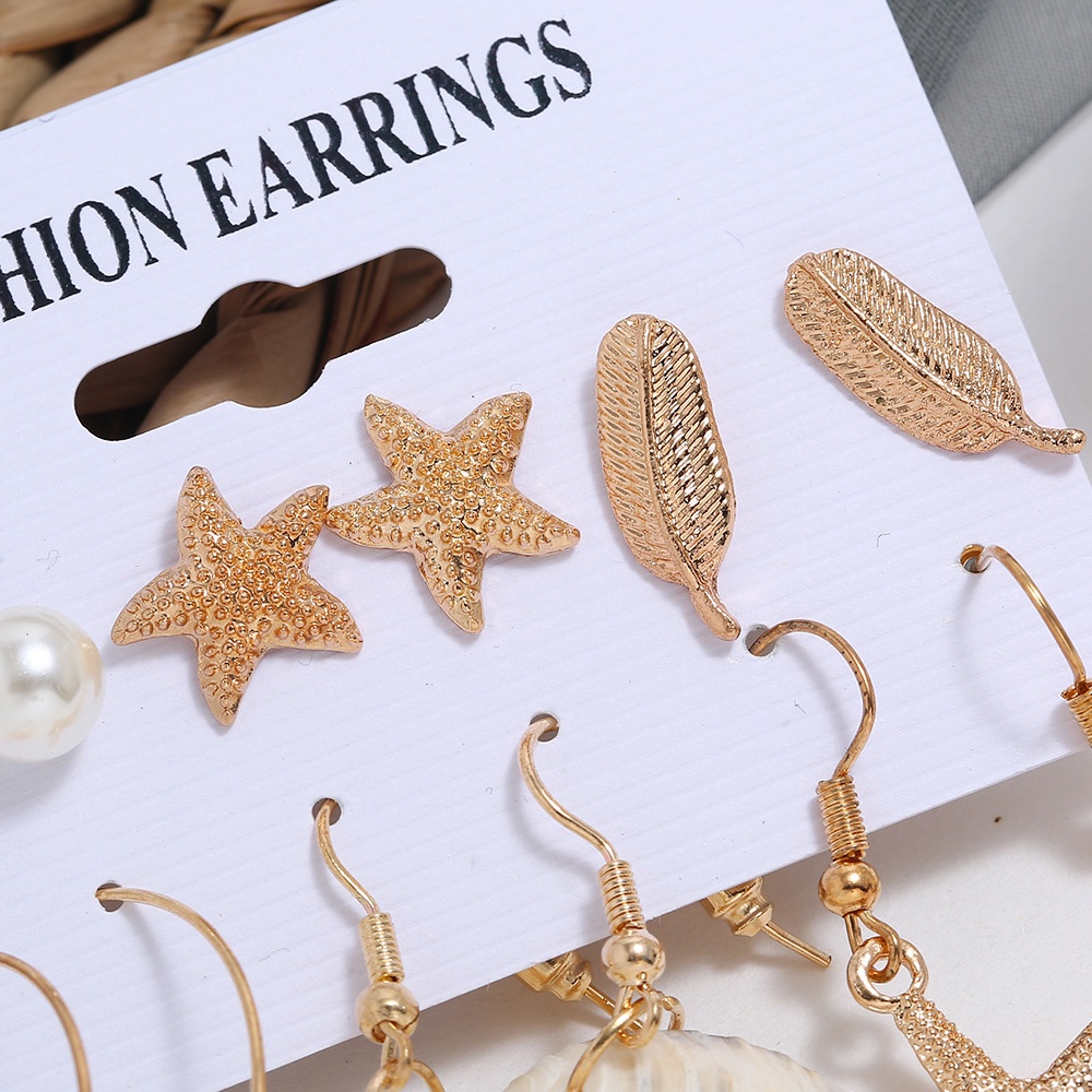 6 Pasang Anting Tusuk Motif Bintang Laut / Kerang / Mutiara Untuk Wanita