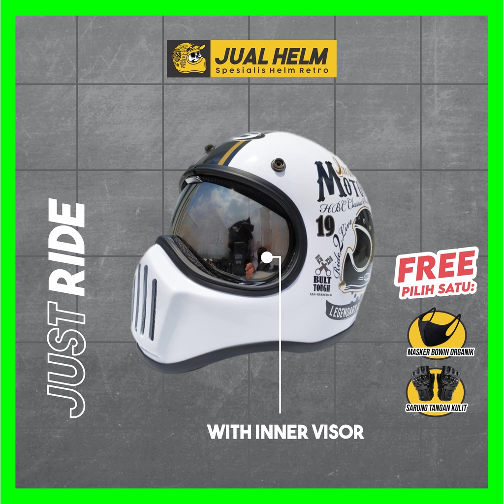 Helm Cakil HBC Just Ride White + Inner Visor ( Fullface / Retro / Klasik / Vespa )