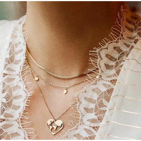 Korea Multilayer Liontin Kalung Emas Jantung Fashion Rantai Kalung Wanita Aksesoris Perhiasan Hadiah-12
