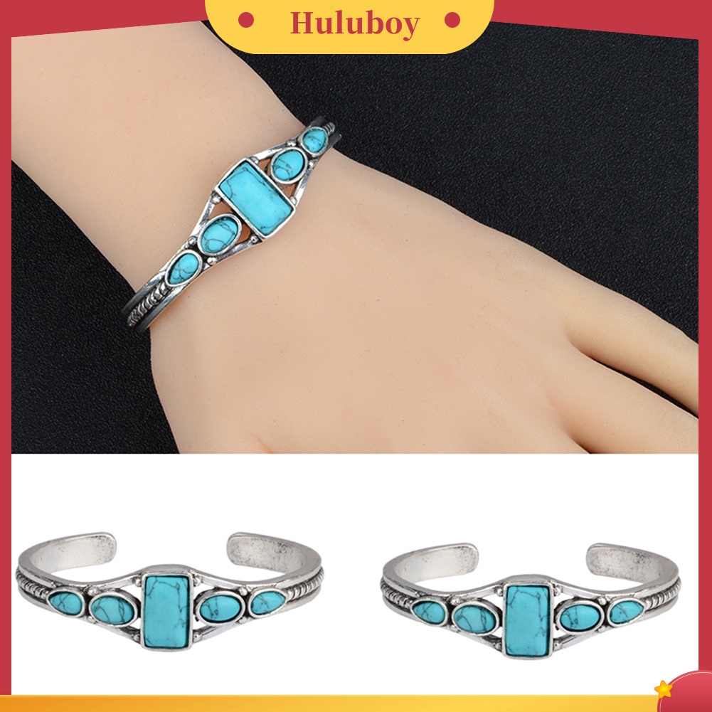 Hu Hu Hu Hu Hu Alat Bantu Pasang Kacamata♡ Gelang Bangle Open Vintage Bohemia Hias Batu Turquoise Imitasi Untuk Wanita