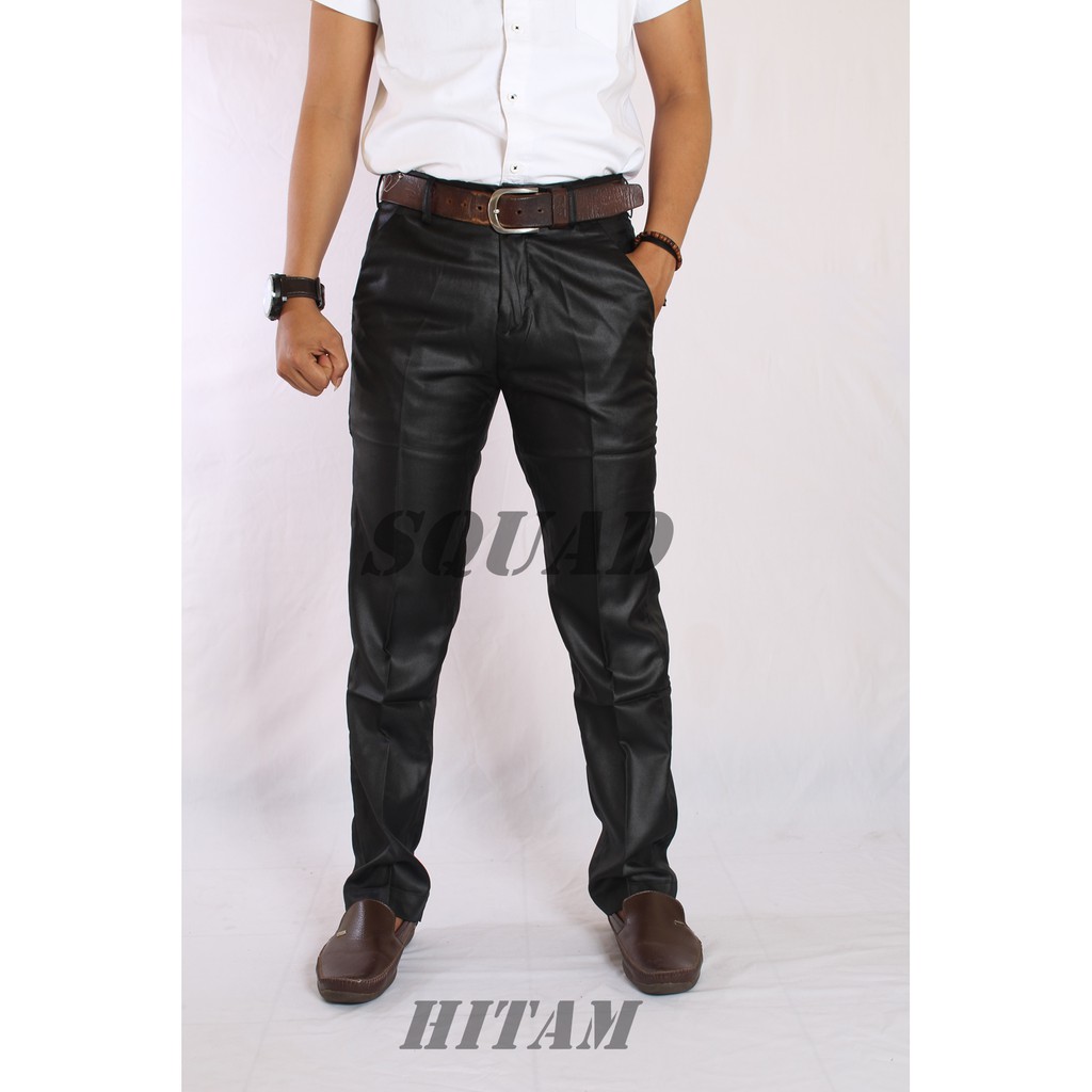 celana bahan dasar mengkilap slimfit pria / celana formal metalik pria slimfit