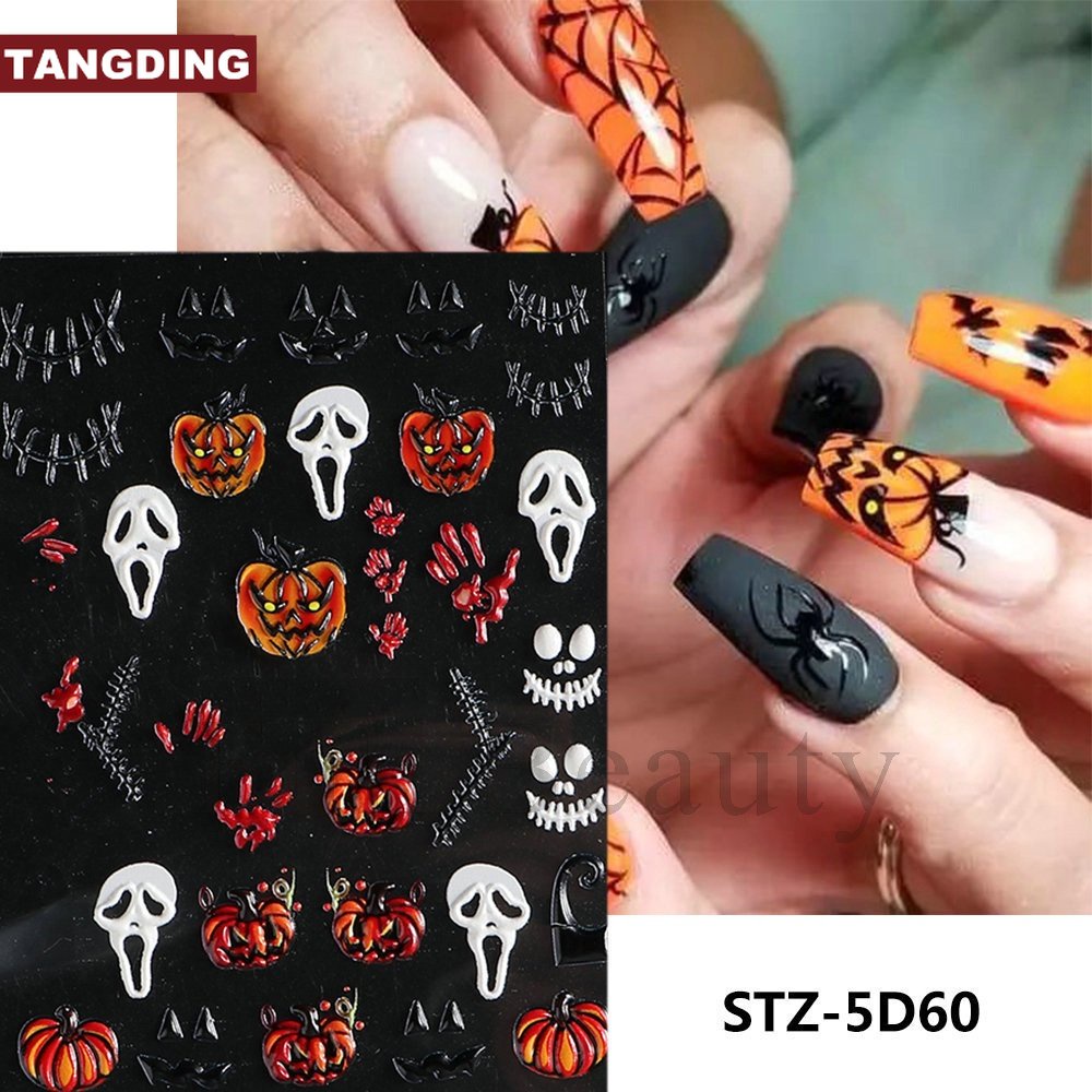 【COD Tangding】Stiker Kuku Motif Tengkorak / Laba-Laba / Labu Untuk Halloween