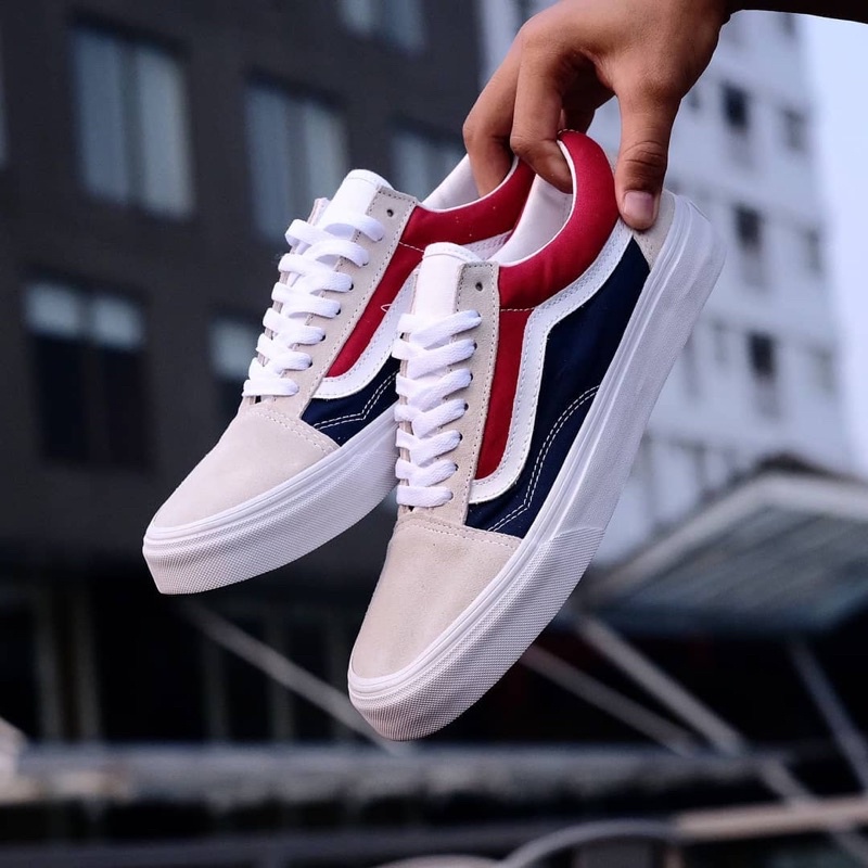 VANS OLDSKOOL RETRO BLOCK WHITE / RED / DARK NAVY (PEPSI) ORIGINAL 100%