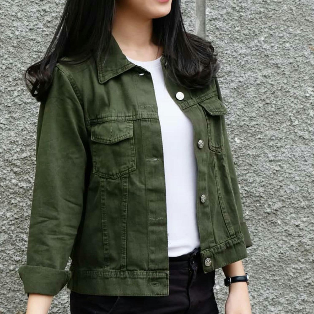 Jaket Jeans Denim Premium Wanita All Size - Jumbo Oversize - Army