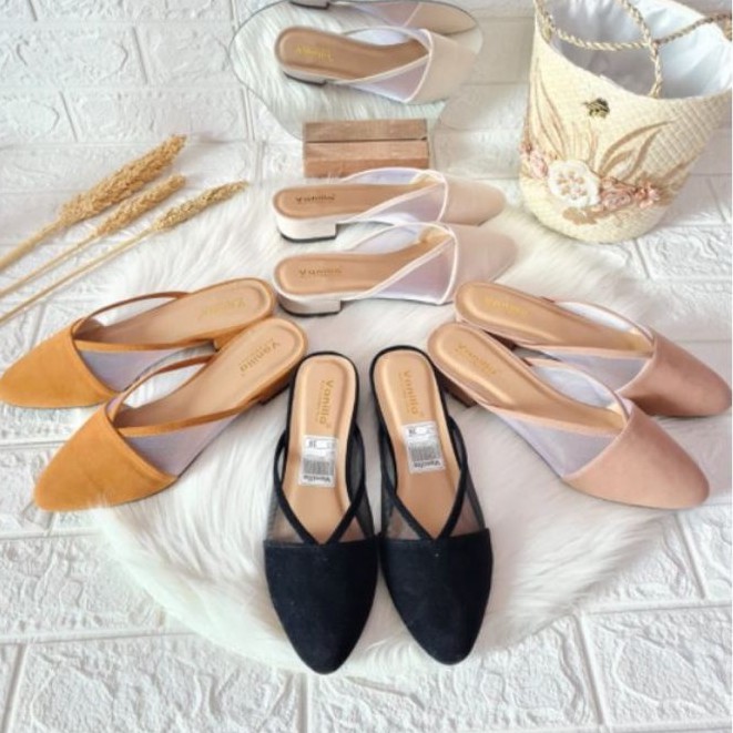 Bryan Axora Mules Style Heels 3cm Suede Beludru Hak Tahu Jala Nyaman Transparant Basic Bustong