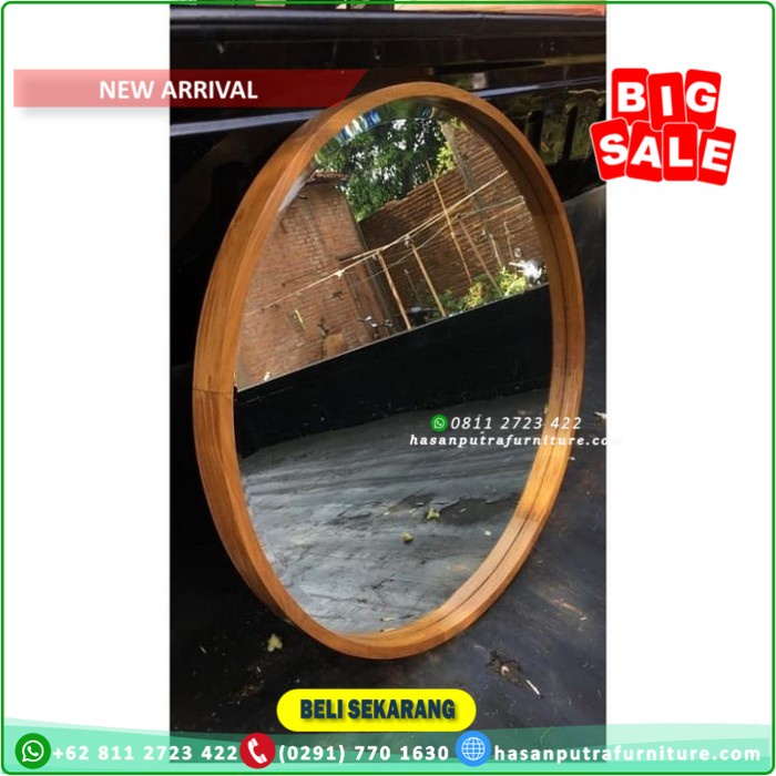cermin dinding bulat kayu jati