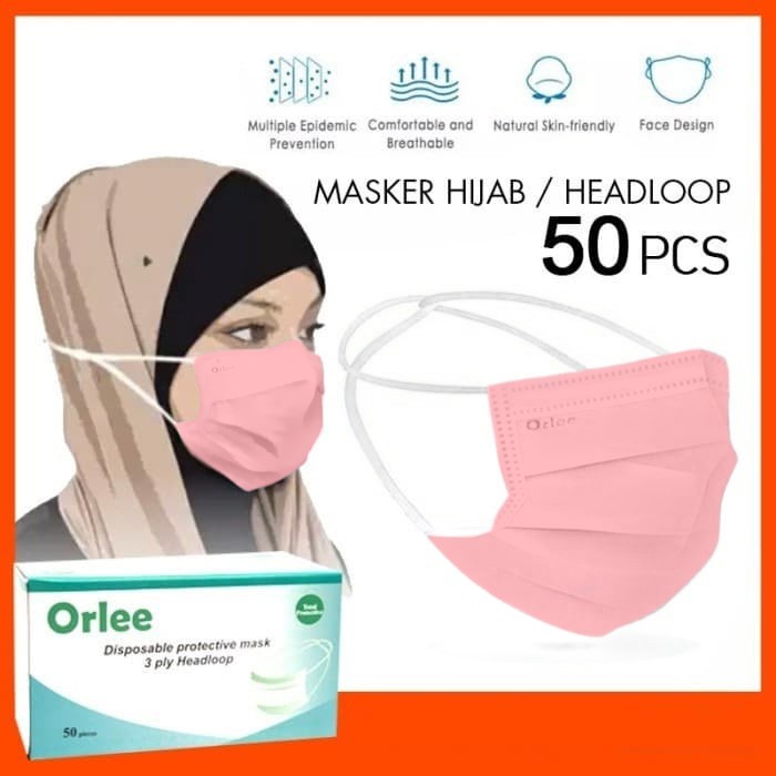Masker 3 Ply 3ply Headloop Hijab Orlee Original kemenkes Pink isi 50