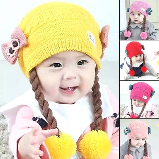 Kupluk rajut/ Topi bayi cewek topi kupluk rajut topi kepang rambut palsu bayi cewek lucu