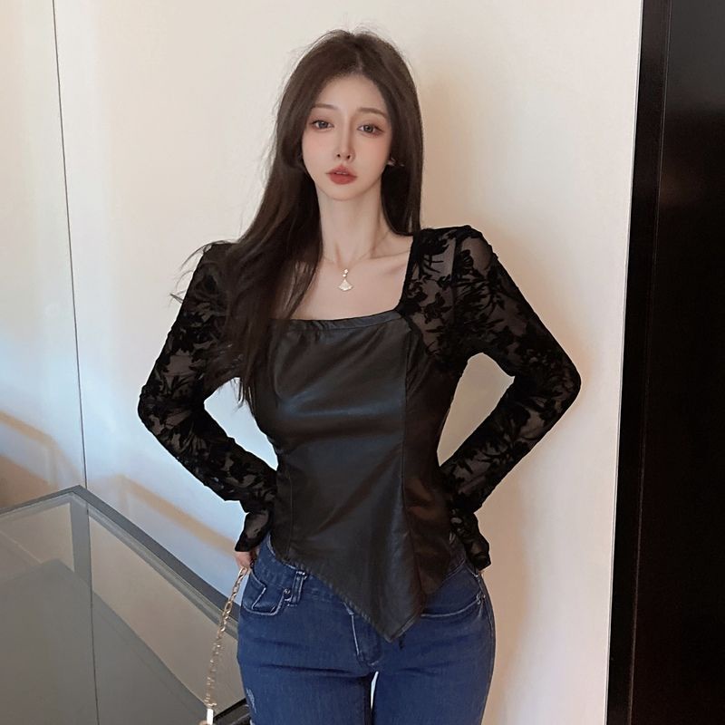 Red wanita versi korea retro chic renda jahitan PU kulit lengan panjang tipis musim gugur dan musim dingin bottoming top blouse