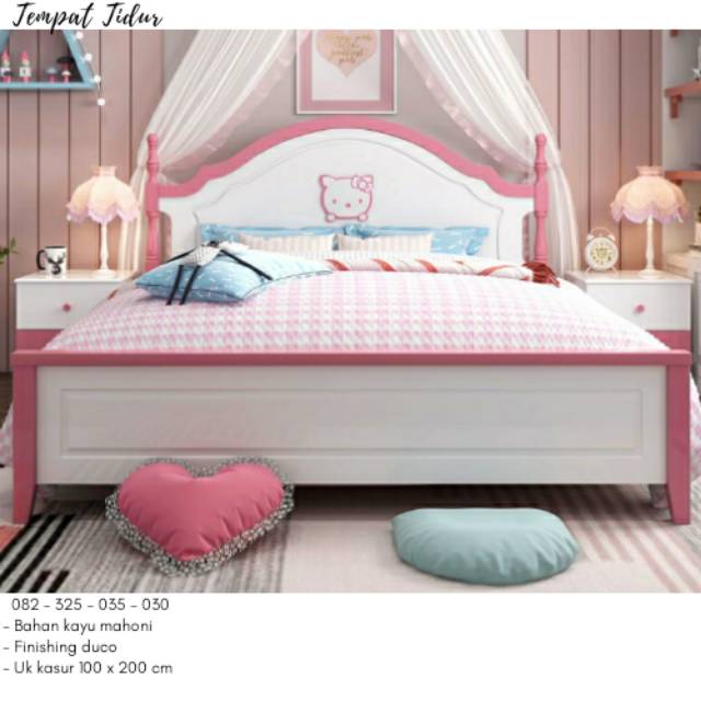 Tempat Tidur Anak Karakter Hello Kitty, Ranjang Single Anak Model Hellokitty, Kasur Dipan Kayu Murah