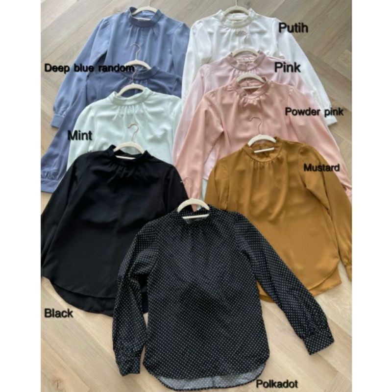 GU by Uniqlo Mustard / Polka White Black Stand Collar Long Sleeve Blouse - Blus Wanita