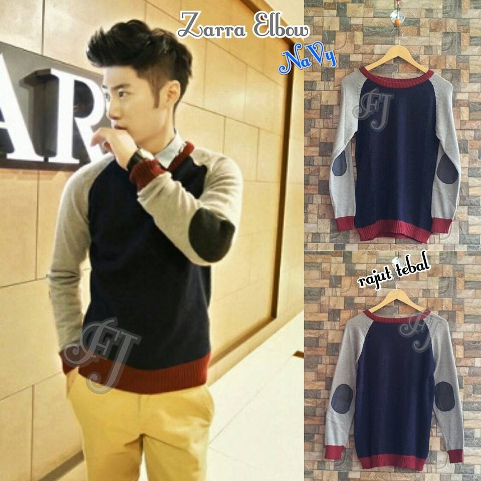 Baju Rajut Pria Korea Zara Elbow Navy Terbatas
