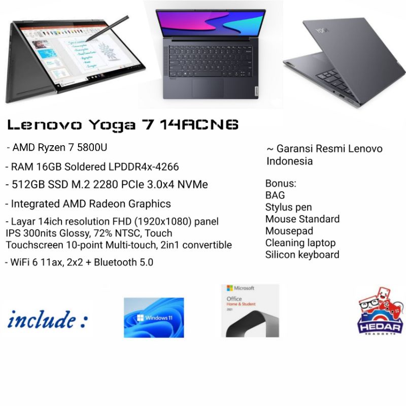Lenovo Yoga 7 Ryzen 7 5800U 16GB 512GB W11 OHS 14 Touchscreen 2in1 FHD
