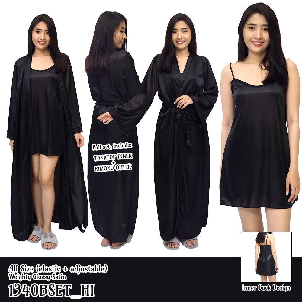 kimono set baju tidur satin SET hitam all size