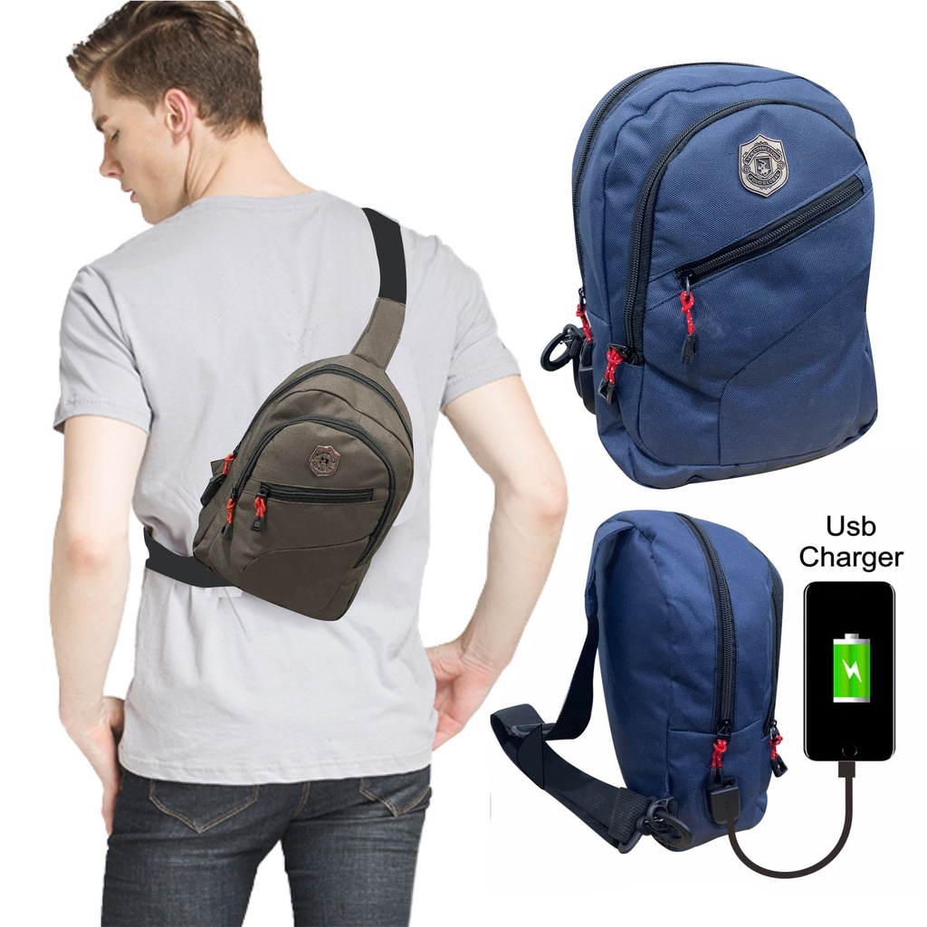 PG 8810 - Tas Selemapng Bahu Untuk Pria Wanita Unisex Dengan Port USB Charger Untuk HP Model kasual Polos
