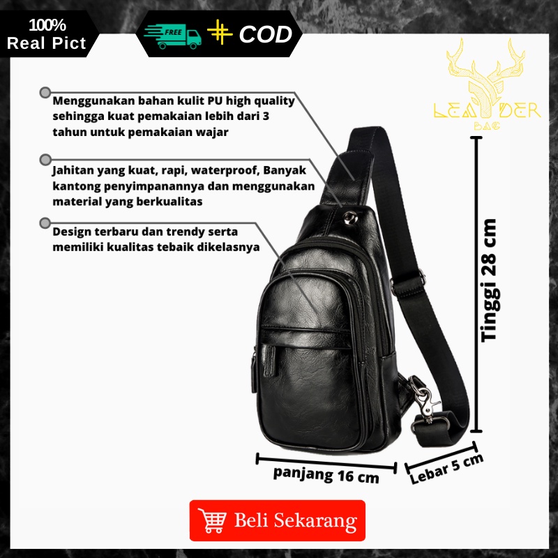 Tas Selempang Kulit Pria Original Import Warna Hitam Waterproof Atau Slingbag Kulit Cowok Terbaru Anti Air Ori Keren DALAS C17