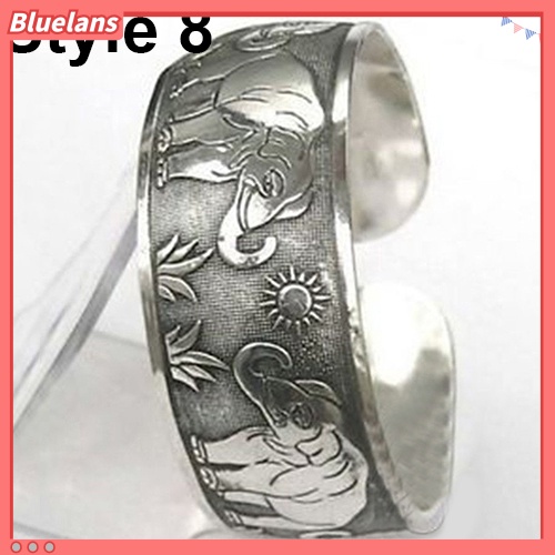 Bluelans Vintage Tibetan Silver Elephant Carved Open Bangle Cuff Wide Bracelet Jewelry