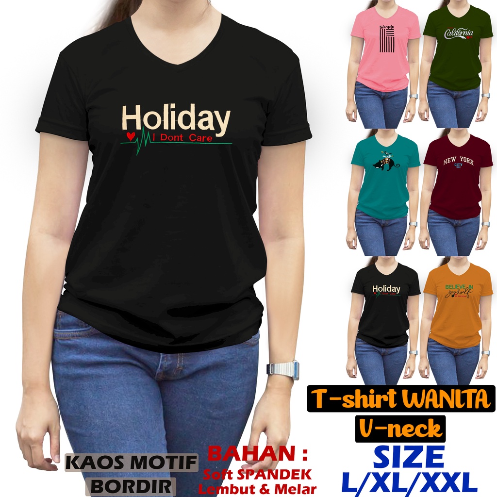 KAOS WANITA V-NECK PENDEK / KAOS WANITA V BORDIR TULISAN / TSHIRT WANITA V-NCEK LENGAN PENDEK