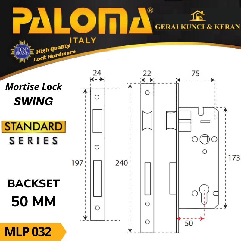 BODY KUNCI PINTU PALOMA SWING MLP 032 STAINLESS 50 MM MORTISE LOCK SLOT