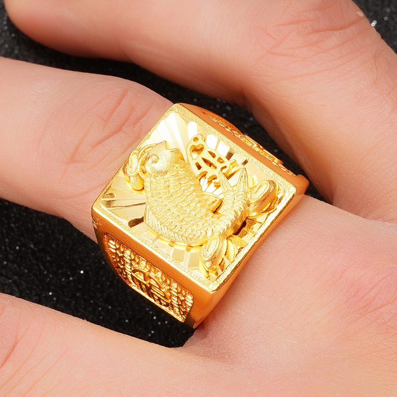 Cincin Emas 916 24K Model Terbuka Dapat Disesuaikan Desain Karakter Koi Fu 999 Untuk Pria