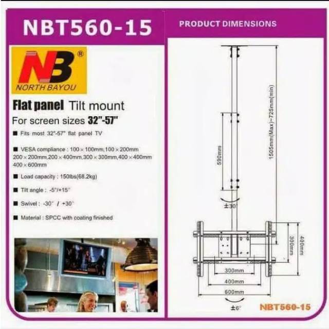 Bracket TV Gantung 43 45 49 50 55 60 65 70 Inch North Bayou NBT560-15