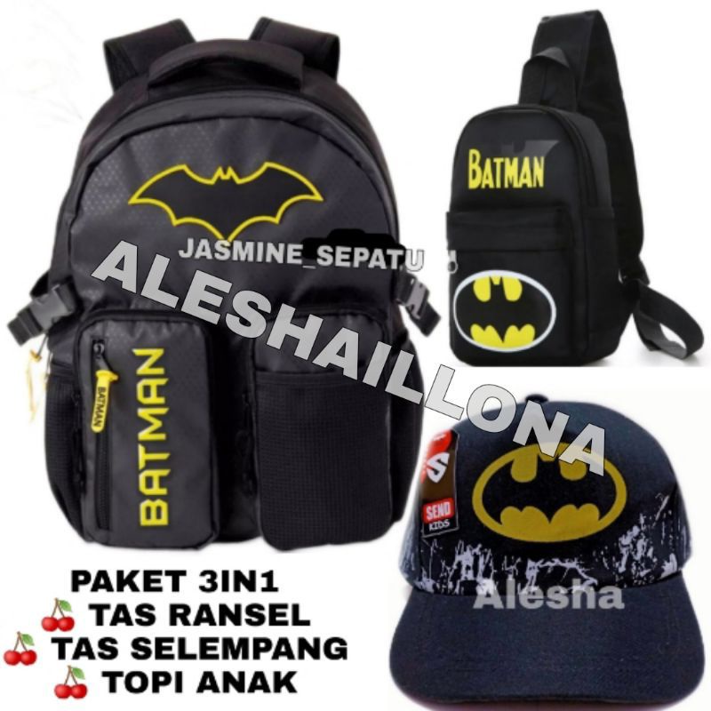 tas ransel anak sekolah laki laki karakter batman/gratis topi jam tangan