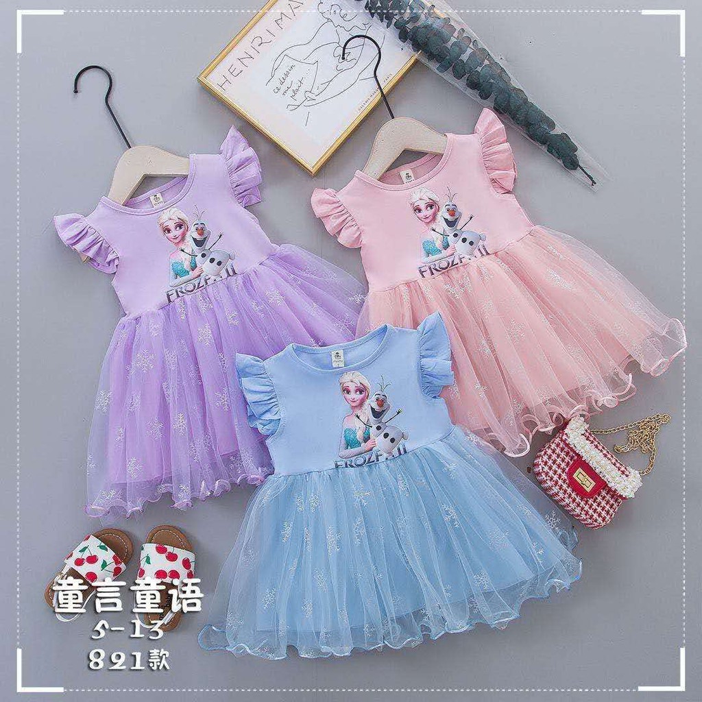 Dress princess perempuan frozen gaun anak cewek lengan