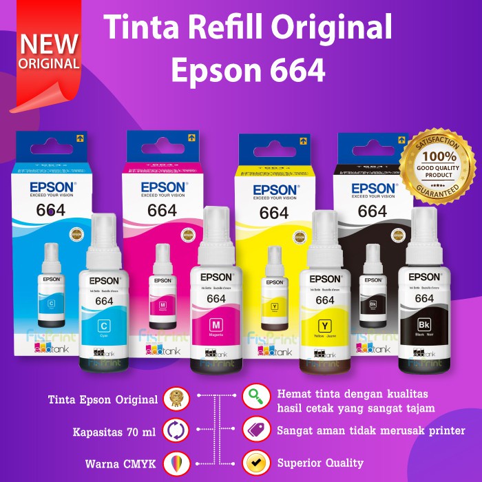 Tinta Epson 664 Original 70ml Printer L550 L555 L565 L1300 L1455 L120 L360 Black Cyan Magenta Yellow