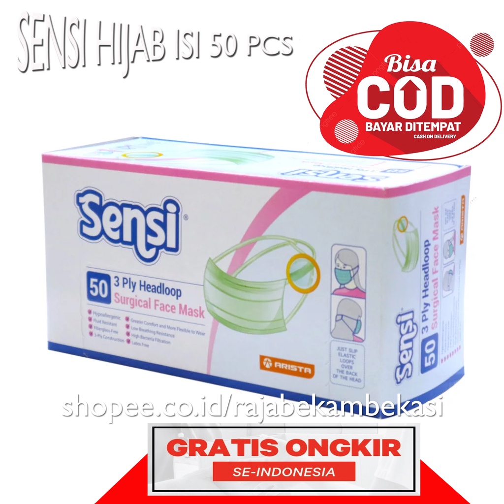 MASKER SENSI HIJAB ISI 50 PCS / MASKER MEDIS SENSI HEADLOOP ISI 50 PCS