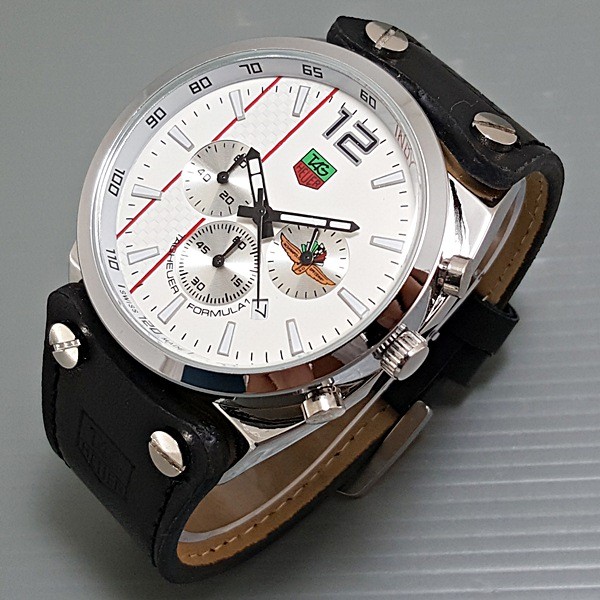 Jam Tangan Pria / Cowok Tag Heuer Chrono Aktif Leather Black White