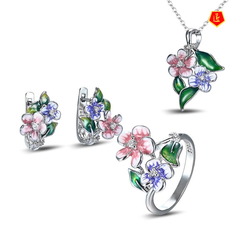 [Ready Stock]Flower Enamel Earrings Ring Set Elegant Necklace