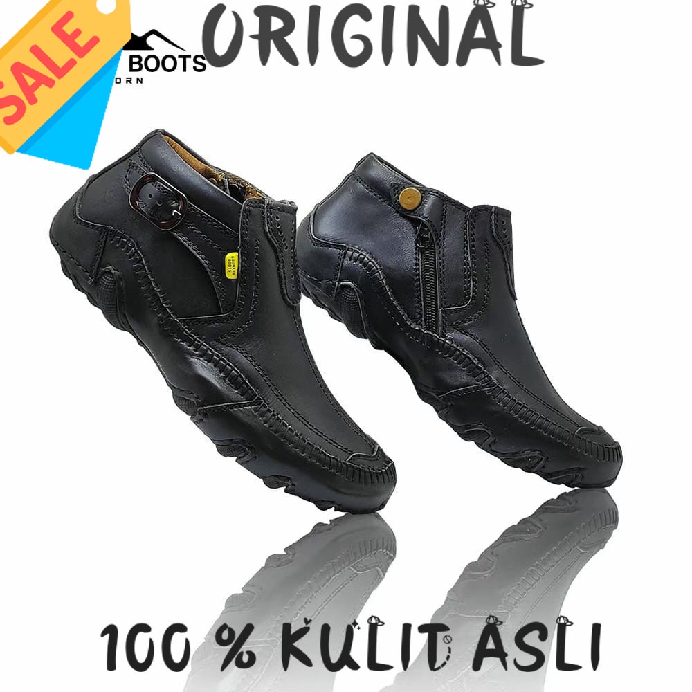 SEPATU PENTOPEL TINGGI BOOT SLETING KULIT ASLI ORIGINAL PREMIUM FORMAL PRIA COWOK KERJA KANTOR DINAS