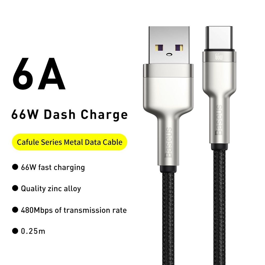 Baseus Original Kabel Data Cafule Metal USB Type C 6A 66W 25CM Fast Charging Quick Charge Powerbank Cable Pendek Ori Tipe C