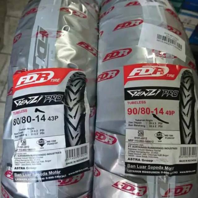 Paket ban tubeless FDR Genzi/pro + pentil UK. 80/80-14 dan 90/80-14 untuk beat/Vario 110 F1/Mio J/m3