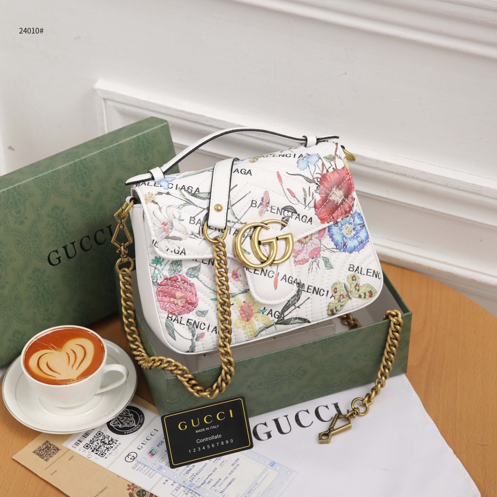 GC X BC The Hacker Project Small GG Marmont Bag Top Handle  White Flora 24010