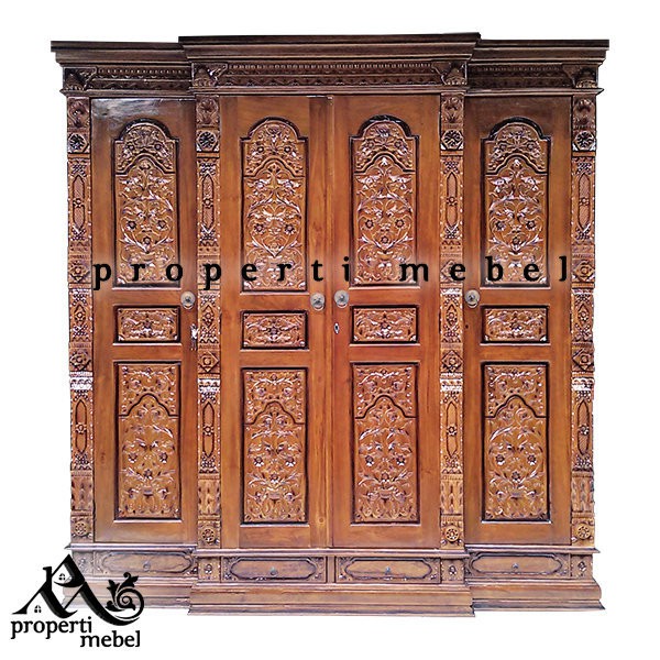 Lemari Pakaian Gebyok Kayu Jati 4 Pintu, Lemari Ukir Jati Pintu 4