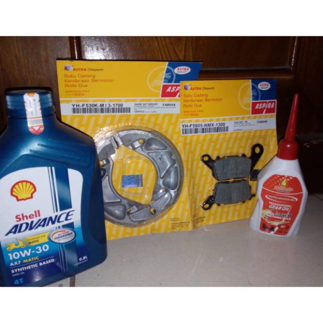 Paket kampas rem Aspira Font &amp; Rear + paket Shell Ax7 matic SAE 10-30/40W +oli gardan for Mio M3/Z/S