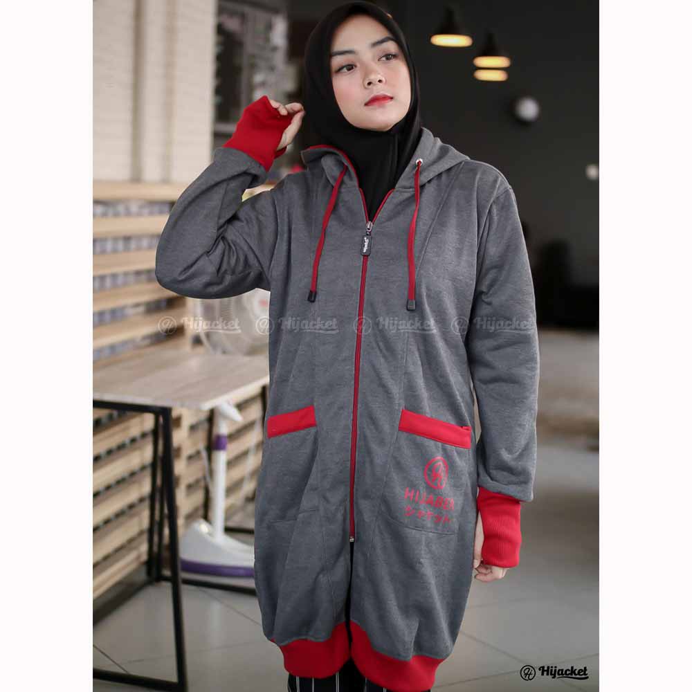 Jaket Jacket Hoodie Panjang Muslimah Wanita Cewek Jeket Hijaber Kekinian Abu Tua Pink Hijacket YK-Abu Tua