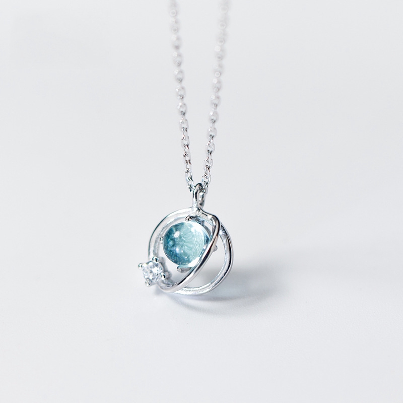 Kalung Rantai Klavikula Hias Liontin Planet Kristal Sapphire Biru